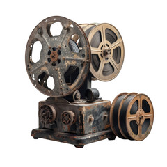 Fototapeta premium Antique Movie Projector with Reels Isolated on Transparent or White Background, PNG
