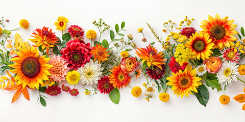 Fototapeta premium Top View Autumn Flower Composition with Fall Flowers on White Empty Background, Red Orange Yellow and White Colors Of Flowers