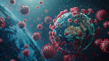A conceptual 3D illustration of a virus spreading across a globe, symbolizing the global impact of contagion.