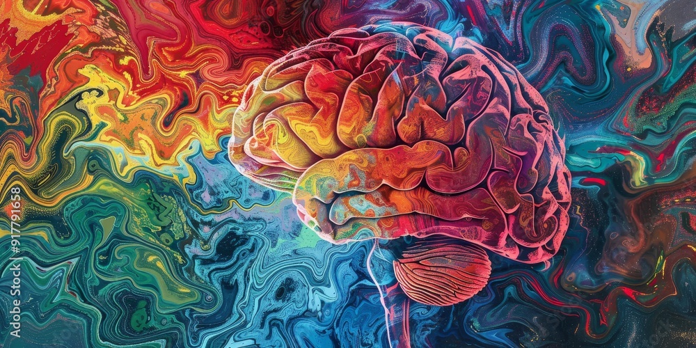 Poster a brain forming intricate, colorful patterns, symbolizing the complexity and beauty of neural connec