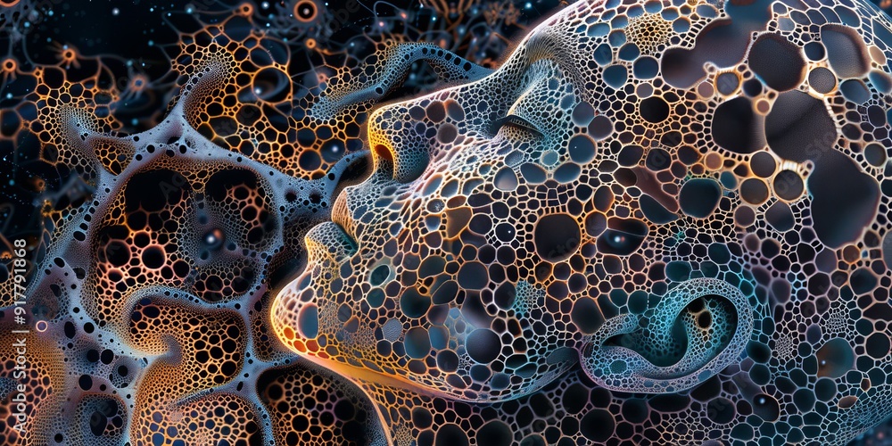 Poster a brain illustrated with delicate, geometric patterns, symbolizing the complexity and beauty of huma