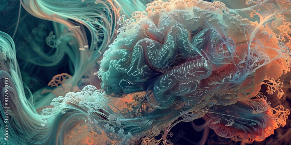 Poster a mesmerizing visual of a brain forming intricate, swirling patterns, representing the complexity an