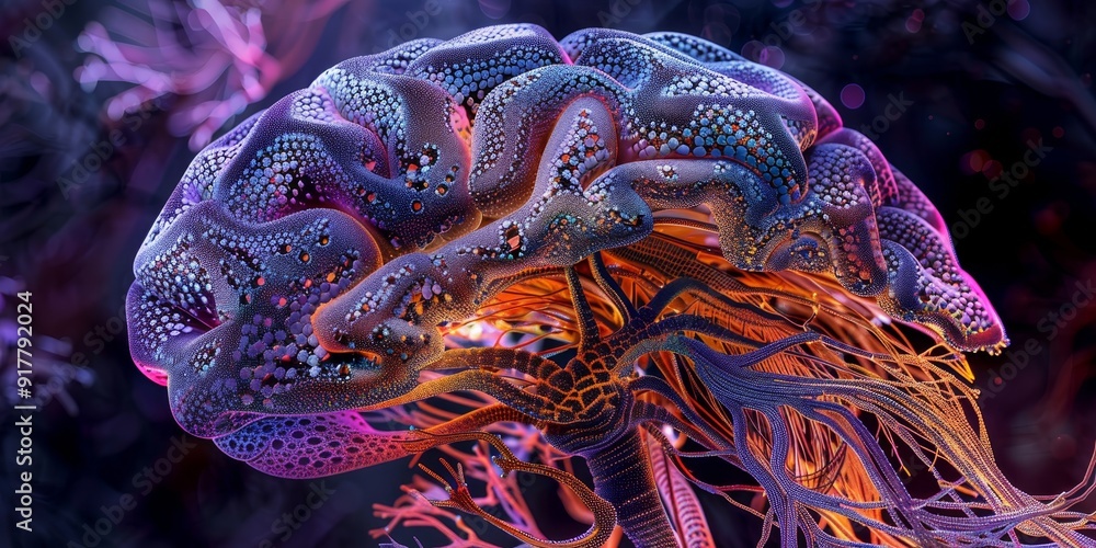 Poster a highly detailed illustration of a brain with intricate patterns, showcasing the complexity of neur