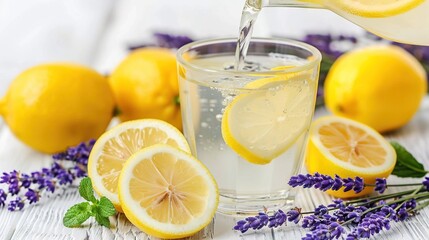   A pitcher of water pours into a glass filled with lemons, lavender, and lemon slices