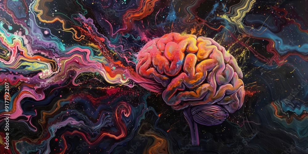 Poster a brain forming intricate, colorful patterns, representing the complexity and beauty of neural conne