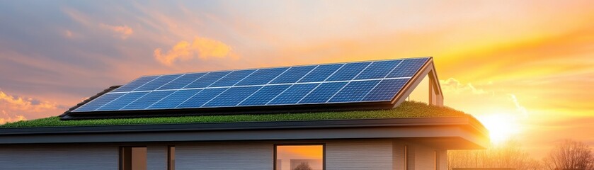 Fototapeta premium A modern house with solar panels illuminated by a beautiful sunset, showcasing sustainable energy solutions and eco-friendly living.
