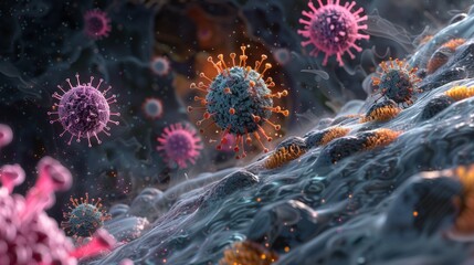 A schematic 3D illustration of a virus releasing its genetic material into a host cell, aided by viral proteins and enzymes, initiating replication.