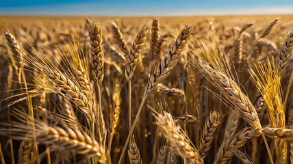 Close-up view of a golden wheat farm under clear sky and daylight