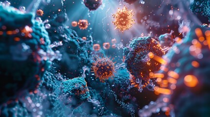 A futuristic 3D illustration of nanobots targeting viral proteins and enzymes within a host cell, representing potential future medical treatments.