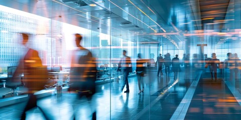 A high-tech business environment with employees using advanced business applications, illustrating the seamless integration of technology in corporate operations