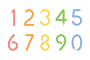 Cute pastel colored pencil shaped like numbers for kids, from zero to nine. Vector illustration.	