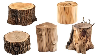 Obraz premium Set of 5 Isolated Wooden Tree Trunk Sections