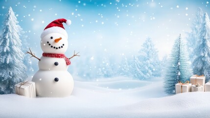 Happy snowman standing in christmas landscape. Snow background with copy space