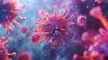 Obraz premium A detailed 3D illustration of a virus particle, showcasing its complex structure and surface proteins, representing the concept of viral infection.