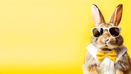 Cool bunny all dressed up with yellow background and copy space, background for easter. "Cool Dressed-Up Bunny Wearing Sunglasses and Bow Tie on Yellow Background"