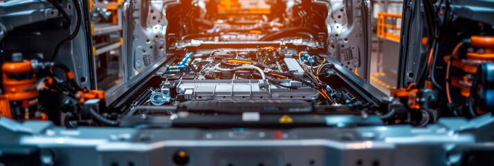 complex wiring and connections between battery cells on an electric vehicle assembly line, highlighting the complexity of the process.