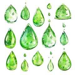 Green Water Droplet Collection Isolated on Transparent or White Background, PNG