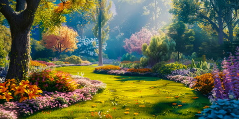 spring gardens with dynamic oil paintings showcasing colorful flower beds, manicured lawns, and winding pathways.