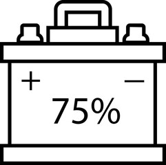 Car battery icon with 75%. Energy power accumulator. Automotive charge sign. Auto battery symbol isolated on transparent background. Electric auto lithium iron storage battery in black Outline style.