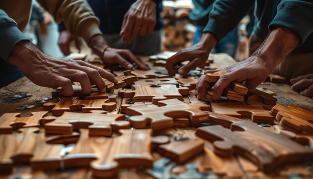 Collaborative business team problemsolving, young adults with wooden puzzle parts, bottom view closeup of hands, teamwork in action