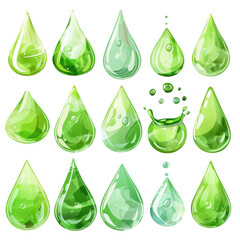Green Water Droplet Collection Isolated on Transparent or White Background, PNG