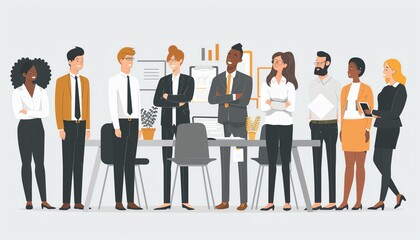 Corporate meeting, diverse team, happy professionals, office circle, standing female coach, light grey background, engaging session