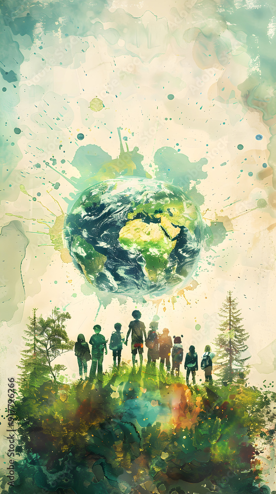 Sticker Realistic People Analyzing Watercolor Earth and Climate Change Charts in Creative Background - Ideal for Environmental Awareness Concepts in Stock Photos