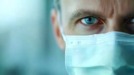 Doctor's Face in Surgical Mask: Close-up of a doctor's face wearing a surgical mask and a focused expression in a sterile hospital environment.