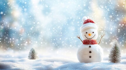 Happy snowman standing in christmas landscape. Snow background with copy space