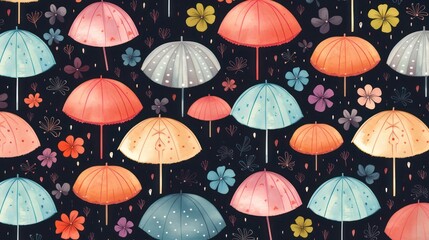 Obraz premium Colorful umbrella illustration design, with dark background and floral and polka dot decoration.