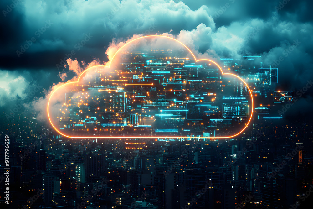 Poster  cloud computing and digital data transfer with computing networked across cities country and globe 