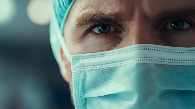 Doctor's Face in Surgical Mask: Close-up of a doctor's face wearing a surgical mask and a focused expression in a sterile hospital environment.
- Powered by Adobe