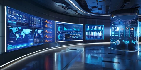Obraz premium Dynamic command center setup with various screens and data dashboards, highlighting professionals managing live data and making strategic decisions in a high-tech environment