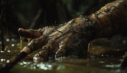 Hyperrealistic arm sinking into quicksand, intricate detail, high contrast lighting, suspenseful mood