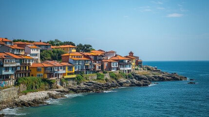Obraz premium A picturesque coastal town, with vibrant houses along the shoreline and a clear blue sky above.