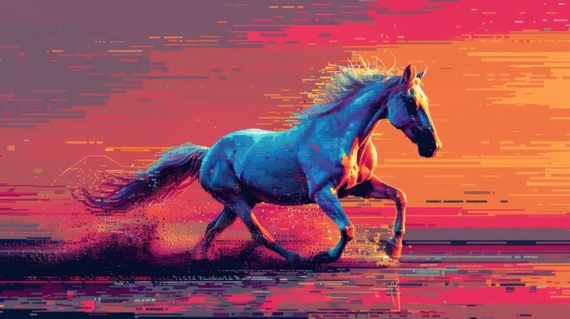 A majestic white horse gallops across a vibrant sunset.