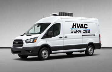 A white HVAC truck adorned with the HVAC Services logo, and it has a large air conditioning unit on its roof
