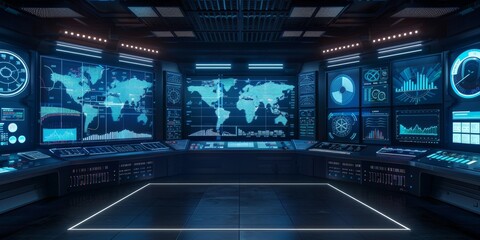 Dynamic command center setup with various screens displaying critical information and analytics, ideal for showcasing modern technology and operational management