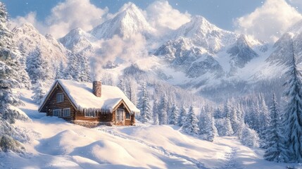 A picturesque mountain cabin blanketed in snow, with smoke curling from the chimney, creating a warm and inviting winter scene.