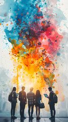 Watercolor Financial Charts Presentation with Projectors in Fantasy Setting - Magical and Creative Approach to Finance. Photo Stock Concept.