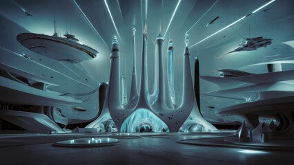 Fototapeta premium A futuristic building with a large dome and many lights, AI