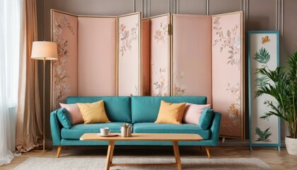 Teal Sofa with Floral Screen in Modern Living Room.