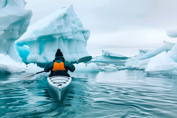 A kayaker paddles through a serene icy landscape at Artic , maneuvering between towering, blue-tinged icebergs.