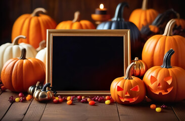 Halloween postcard with black copy space in the centre and orange pumpkins and pumpkin lanterns around