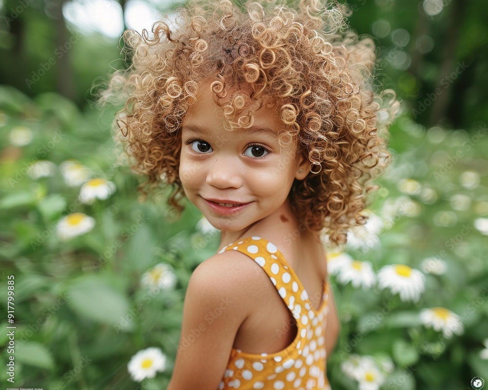 Poster A young girl with curly hair smiles at the camera. AI.