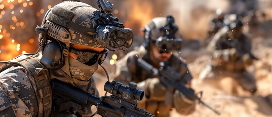 Virtual reality cyber war battlefield, soldiers in combat, high resolution, 8K quality, realistic photography