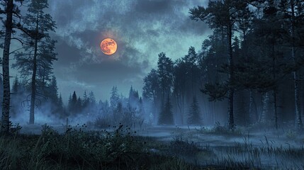 A gothic forest at twilight, with ominous clouds and a haunting full moon
