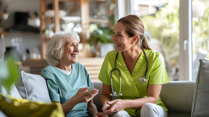 Nurse and Elderly Woman Sharing a Joyful Moment at Home