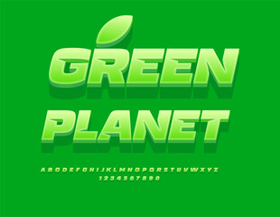 Fototapeta premium Vector ecologic concept Green Planet. Exclusive Green Font. Modern Alphabet Letters and Numbers