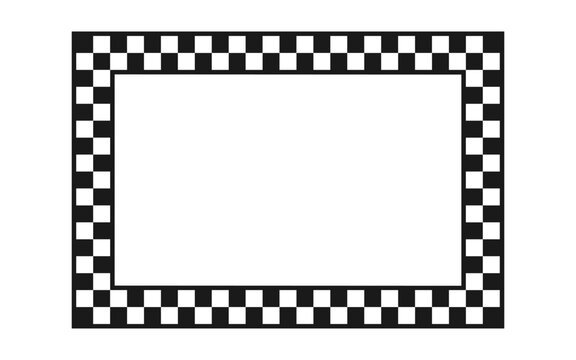 Checkered rectangle frame. Square race checker flag pattern. Checkerboard geometric pattern. Black and white rally chess square pattern. Finish race frame. Vector illustration on white background.
